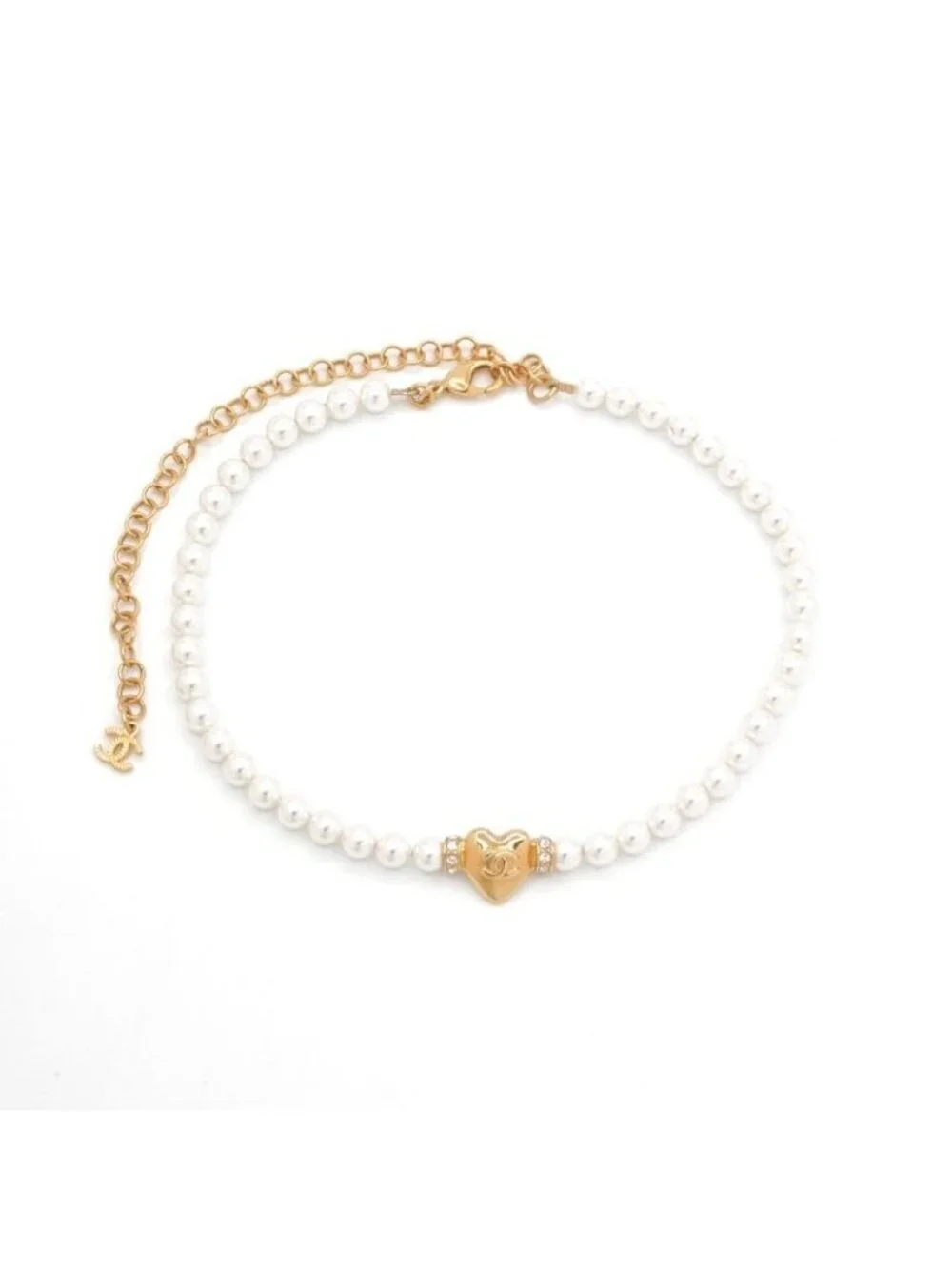 Chanel Choker White Gold Heart Coco Mark Rhinestone
